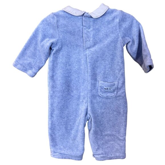 Janie & Jack Layette Blue Velour Long Sleeve Bodysuit 3-6 Mos Buttons Navy Trim - Picture 2 of 6